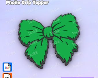 May include: A green bow-shaped badge reel topper or phone grip topper with a black base. The text "Badge Reel Topper / Phone Grip Topper" and "3D PRINT FILE" is visible, along with icons labeled "3MF" and "STL" for this digital 3D print file.