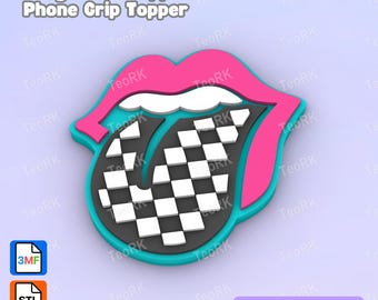 May include: A badge reel topper or phone grip topper featuring a stylized mouth with pink lips, white teeth, and a black tongue covered in a white checkered pattern. The design includes a teal border and the text Badge Reel Topper / Phone Grip Topper.