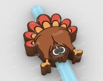 Christmas turkey Straw Topper | Fits Standard & Stanley Straws | STL Files and 3MF pre-painted for 3D printer, 3D printing