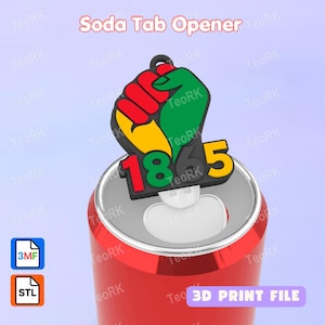 May include: A red soda can with a colorful soda tab opener. The opener features a fist design in red, green, yellow, and black, with the numbers "1865". The words "Soda Tab Opener" are at the top.