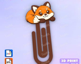 Puede incluir: Un objeto con forma de clip de color marrón que presenta un zorro de dibujos animados con pelaje naranja, detalles blancos y orejas de color marrón oscuro. El zorro apoya la cabeza sobre sus patas en la parte superior. Texto PaperClip, 3MF, STL, 3D PRINT FILE.