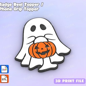 May include: A white ghost-shaped badge reel topper or phone grip topper holding an orange jack-o'-lantern. The design has black accents and the text "Badge Reel Topper / Phone Grip Topper" is at the top. The image also includes "3D PRINT FILE" text.