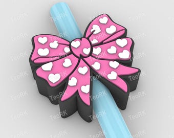 bow ribbon with hearts Straw Topper | Fits Standard & Stanley Straws | STL Files and 3MF pre-painted for 3D printer, 3D printing