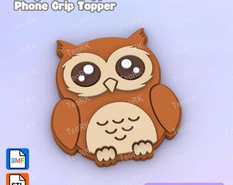 May include: A brown owl-shaped badge reel or phone grip topper. The owl has large, round eyes with white highlights and a light brown belly. The text "Badge Reel Topper / Phone Grip Topper" is at the top. The words "3D PRINT FILE" are at the bottom.