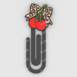 Paperclip Cherries With Leopard Print Bow - bookmark - 3MF pre-painted , STL file for 3D printer, 3D printing