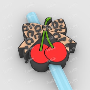 Cherries With Leopard Print Bow Straw Topper | Fits Standard & Stanley Straws | STL Files and 3MF pre-painted for 3D printer, 3D printing