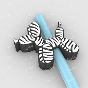 Nakładka na słomkę z balonu w kształcie psa zebry | Pasuje do słomek Standard i Stanley | Pliki STL i 3MF pomalowane wstępnie do drukarki 3D, druk 3D