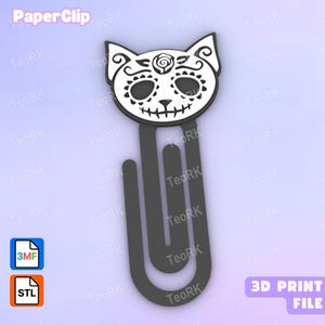 Paperclip Mexican skull cat - bookmark - 3MF pre-painted , STL file for 3D printer, 3D printing