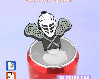 May include: A black and white soda tab opener featuring a lacrosse helmet and two crossed lacrosse sticks. The opener is positioned on the top of a red soda can. The text Soda Tab Opener and 3D PRINT FILE are visible in the image.