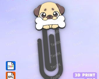 May include: A dark gray paperclip featuring a cartoon pug head holding a white bone in its paws. The design includes the text PaperClip at the top left, and 3MF and STL icons with the text 3D PRINT FILE at the bottom right of the image.
