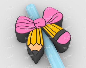 Pencil ribbon Straw Topper | Fits Standard & Stanley Straws | STL Files and 3MF pre-painted for 3D printer, 3D printing