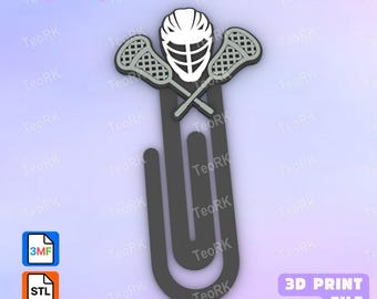 May include: A dark gray paperclip shaped object featuring a white lacrosse helmet centered above two crossed lacrosse sticks. The design includes the text PaperClip at the top left, and 3MF and STL file icons with the text 3D PRINT FILE.