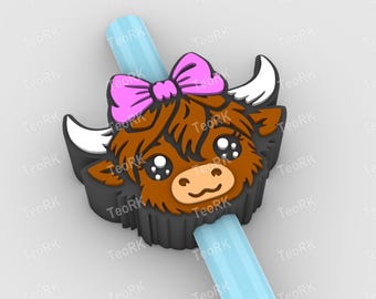 Cute highland cow girl Straw Topper | Fits Standard & Stanley Straws | STL Files and 3MF pre-painted for 3D printer, 3D printing