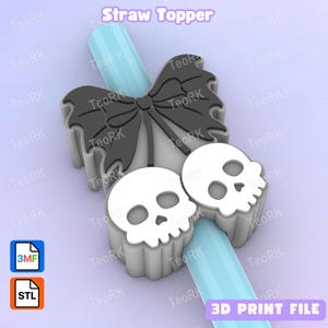 May include: A 3D-printed straw topper featuring a black bow and two white skull designs. The topper is designed to fit over a light blue straw. The text "Straw Topper" and "3D PRINT FILE" are visible.