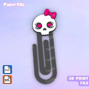 Skull Girl in Love - Paper clip, bookmark - 3MF pre-painted , STL file for 3D printer, 3D printing