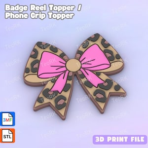 Leopard bow with pink bow Badge Reel Topper Flat Back / Phone Grip Topper (STL & 3MF files 3D print)
