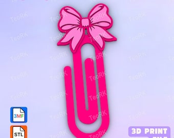 May include: A bright pink paperclip with a decorative light pink bow attached to the top. The image includes the text PaperClip at the top left, 3MF and STL icons on the bottom left, and the text 3D PRINT FILE on the bottom right.