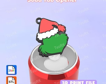 May include: A soda tab opener 3D print file featuring a green character wearing a red and white Santa hat. The opener is shown inserted into the tab of a red soda can. The image includes text reading Soda Tab Opener and 3D PRINT FILE.