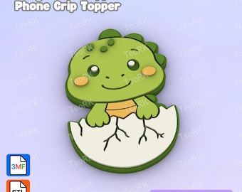 May include: A green dinosaur character emerging from a cracked white egg, designed as a badge reel or phone grip topper. The graphic features text reading Badge Reel Topper / Phone Grip Topper and 3D PRINT FILE, with 3MF and STL file icons.