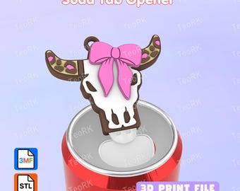 Bull Skull with Bow Soda Tab Opener Keychain - STL 3MF Files - Soda can Opener - 3d print