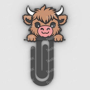 Paper clip, bookmark - cute baby Highland cow - 3MF pre-painted , STL file for 3D printer, 3D printing