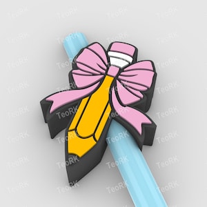 pencil with ribbon bow Straw Topper | Fits Standard & Stanley Straws | STL Files and 3MF pre-painted for 3D printer, 3D printing