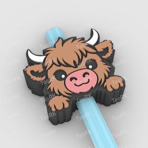 cute baby Highland cow Straw Topper Fits Standard & Stanley Straws | STL Files and 3MF pre-painted for 3D printer, 3D printing