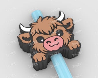 cute baby Highland cow Straw Topper Fits Standard & Stanley Straws | STL Files and 3MF pre-painted for 3D printer, 3D printing