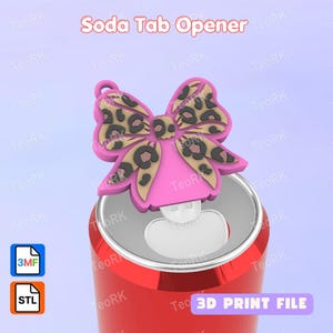 May include: A pink soda tab opener featuring a bow shape with a tan and black leopard print pattern. The device is positioned on top of a red aluminium soda can. The text Soda Tab Opener and 3D PRINT FILE are visible in the image along with file icons.