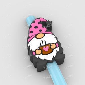 Gnome holding a coffee cup Straw Topper | Fits Standard & Stanley Straws | STL Files and 3MF pre-painted for 3D printer, 3D printing