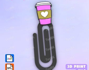 Paper clip, bookmark - I love coffee - 3MF pre-painted , STL file for 3D printer, 3D printing