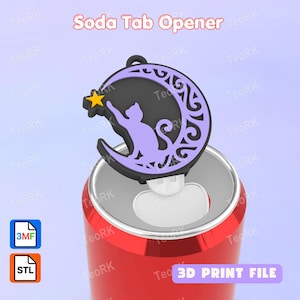 Puede incluir: Un abridor de latas con una luna creciente negra con recortes intrincados, una silueta de gato morado claro alcanzando una pequeña estrella amarilla y una pieza de fijación blanca, sobre una lata de refresco roja con el texto Soda Tab Opener.