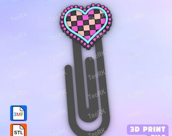 May include: A dark gray paperclip featuring a heart-shaped topper with a pink and black checkered pattern. The heart is outlined in bright cyan and bordered by a scalloped edge of small pink circles. The image includes 3MF and STL file icons.