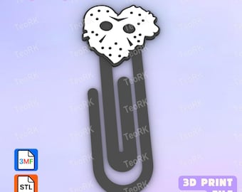 May include: A dark grey paperclip featuring a white heart-shaped hockey mask topper with black eye holes and ventilation dots. The image includes the text PaperClip, 3MF, STL, and 3D PRINT FILE. This is a digital file for 3D printing.