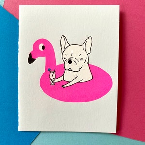 Frenchie Flamingo Pool Float Siebdruck Grußkarte