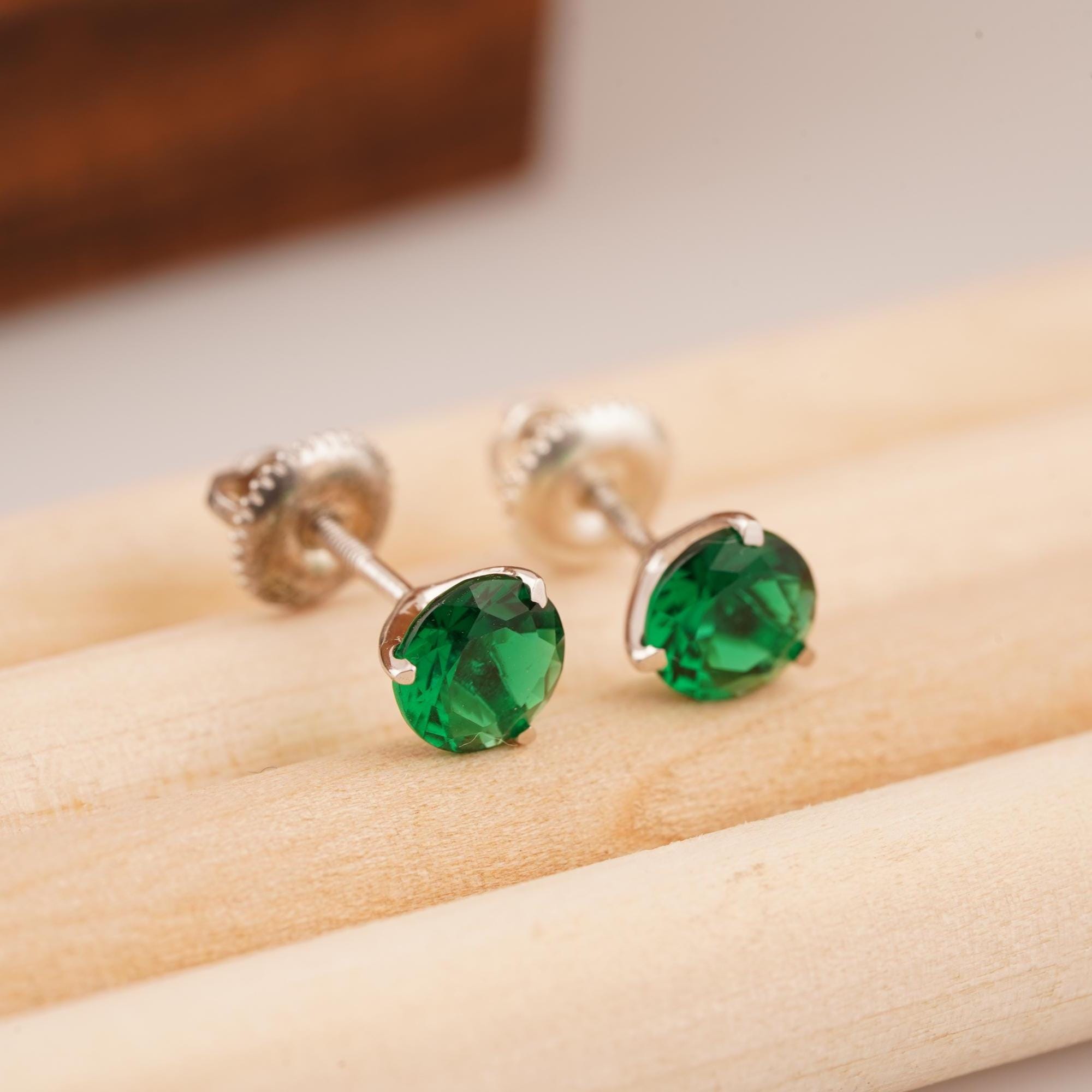Handmade 14K White Gold Green Emerald Stud Earrings, Dainty Solitaire