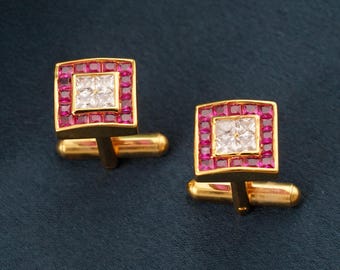 Handmade 14K Gold Plated Cufflinks, Pink Ruby Halo Moissanite