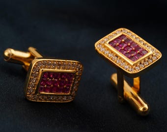 Ruby Pink Diamond Cufflinks, 14K Gold Plated Silver Cufflinks for Men