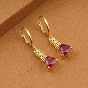 Trillion Red Ruby Hook Women's Drop Dangle 14K Gold Plated & Silver Wedding Earrings