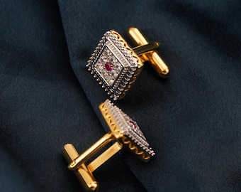 Pink Ruby Diamond Cufflinks, 14K Gold Plated Silver, Handmade