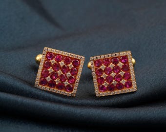 Handmade Ruby & Diamond Cufflinks, 14K Gold Plated Silver