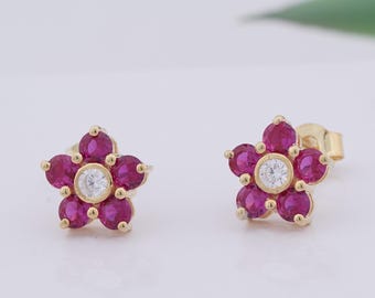 Ruby Flower Stud Earrings: Pink Diamond, 925 Silver