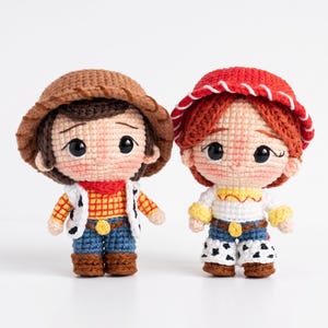 Handmade Crochet Woody and Jessie Doll Set, Handmade Amigurumi Toy Story 5 Characters, Cute Kawaii Plush Figurine Gift for Kids and Adults image 2