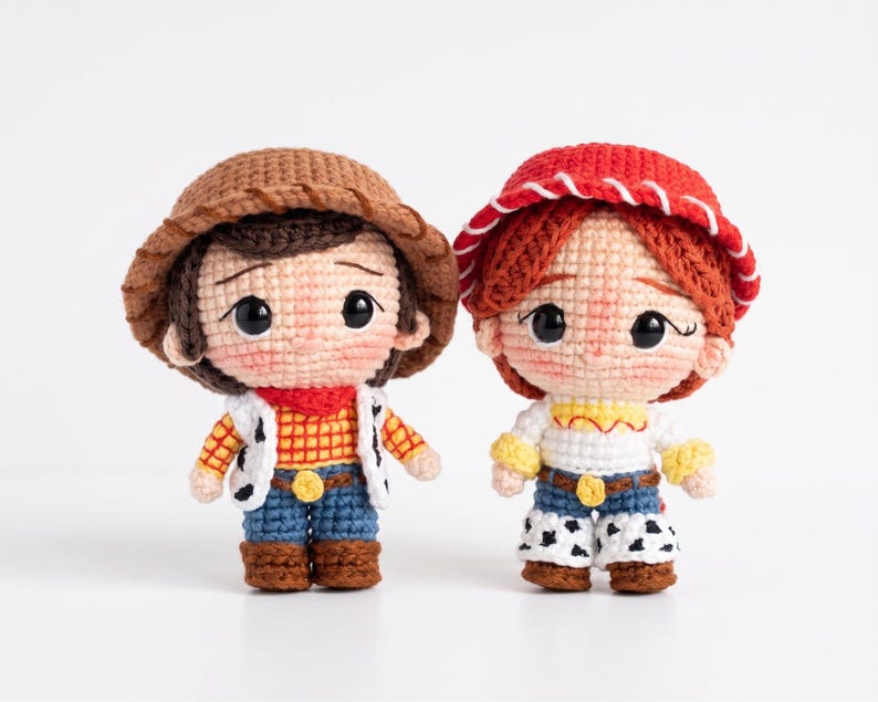 Handmade Crochet Woody and Jessie Doll Set, Handmade Amigurumi Toy Story 5 Characters, Cute Kawaii Plush Figurine Gift for Kids and Adults image 2