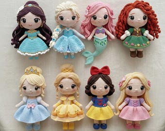 Handmade Crochet Princess Doll Set - 8 Disney Princess -Inspired Amigurumi Dolls, Perfect Gift for Kids and Collectors