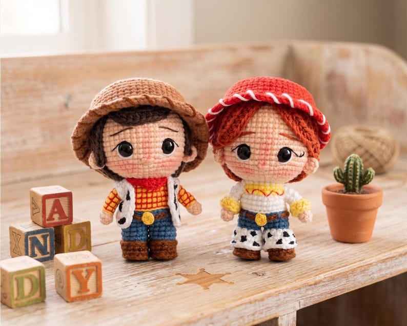 May include: Two crochet dolls featuring characters with large black eyes and rosy cheeks. The left doll wears a brown hat, red scarf, and cow-print vest. The right doll has red hair, a red hat with white trim, and a yellow shirt with cow-print pants.