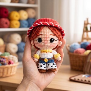 May include: A small, handcrafted crochet doll featuring a character with red yarn hair, a red hat with white stitching, a white shirt with yellow accents, a blue belt with a yellow buckle, and white pants with black cow-print spots and brown boots.