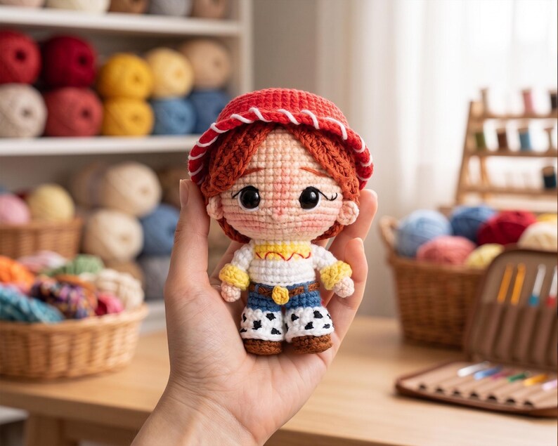 May include: A small, handcrafted crochet doll featuring a character with red yarn hair, a red hat with white stitching, a white shirt with yellow accents, a blue belt with a yellow buckle, and white pants with black cow-print spots and brown boots.