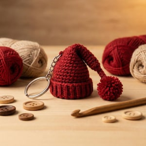 May include: A miniature red crocheted hat keychain with a pom-pom, attached to a silver keyring. The hat is next to yarn balls, wooden buttons, and a crochet hook on a wooden surface. The keychain is a handmade item.