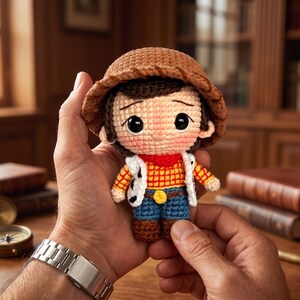 May include: A small crochet doll featuring a brown hat, a yellow and orange plaid shirt, a white vest with black spots, a red neckerchief, blue pants, and brown boots. The doll has large black eyes and a light skin tone, crafted with yarn.
